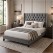 Yuko Full Platform Bed- Nailed Wingback- Gray Velvet Upholstery- Brown