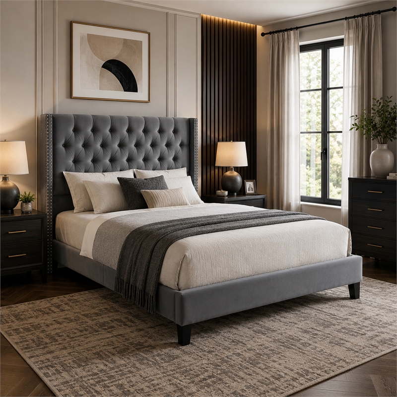 Yuko Full Platform Bed- Nailed Wingback- Gray Velvet Upholstery- Brown