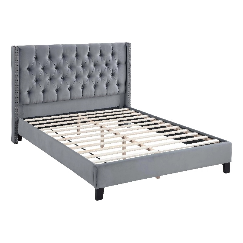 Yuko Full Platform Bed- Nailed Wingback- Gray Velvet Upholstery- Brown