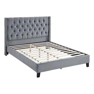 Yuko Full Platform Bed- Nailed Wingback- Gray Velvet Upholstery- Brown