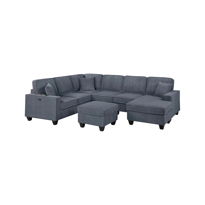 Vini 5pc Sectional Sofa Set- 3 Pillows- USB- Foam Fill Dark Gray Corduroy
