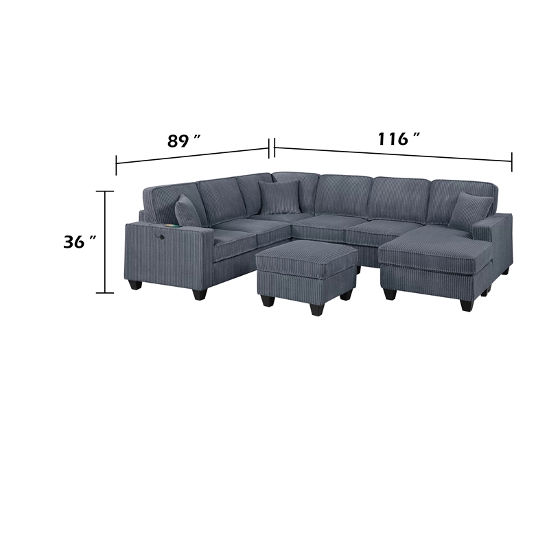 Vini 5pc Sectional Sofa Set- 3 Pillows- USB- Foam Fill Dark Gray Corduroy