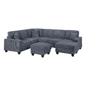 Vini 5pc Sectional Sofa Set- 3 Pillows- USB- Foam Fill Dark Gray Corduroy