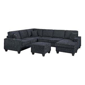 Vini 5pc Sectional Sofa Set- 3 Pillows- USB- Foam Fill Slate Black Chenille