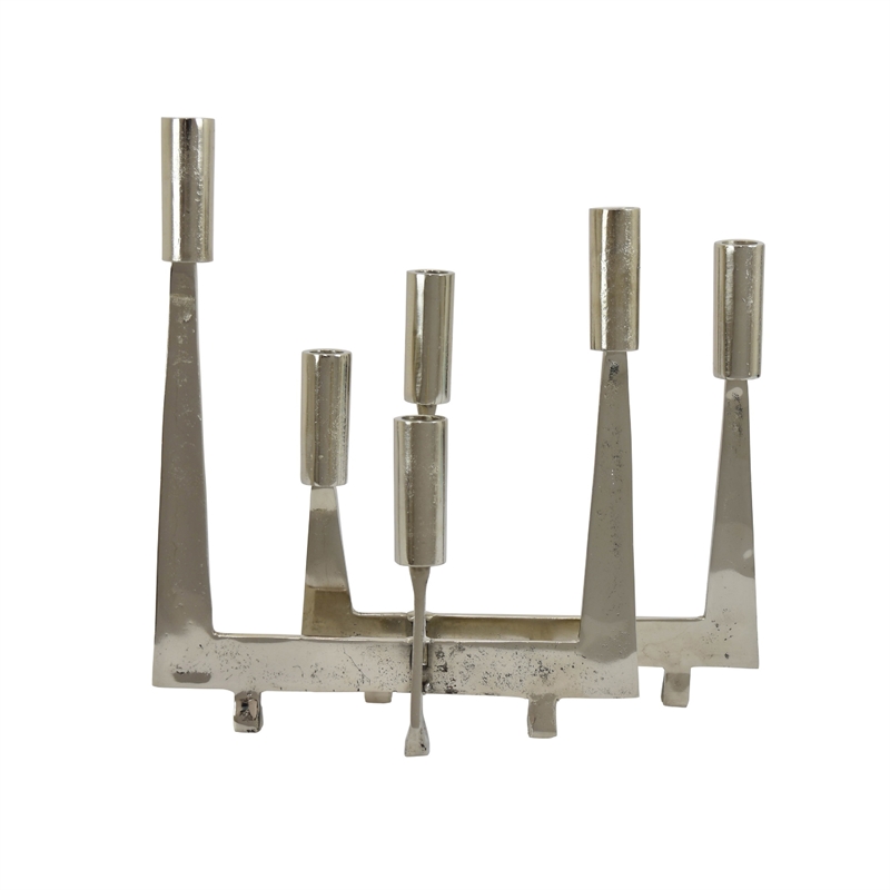 5 Arm Candle Holder- Asymmetrical Geometric Style- Silver Metal 16 Inch