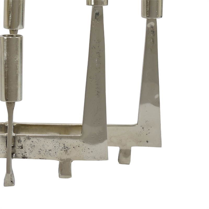 5 Arm Candle Holder- Asymmetrical Geometric Style- Silver Metal 16 Inch