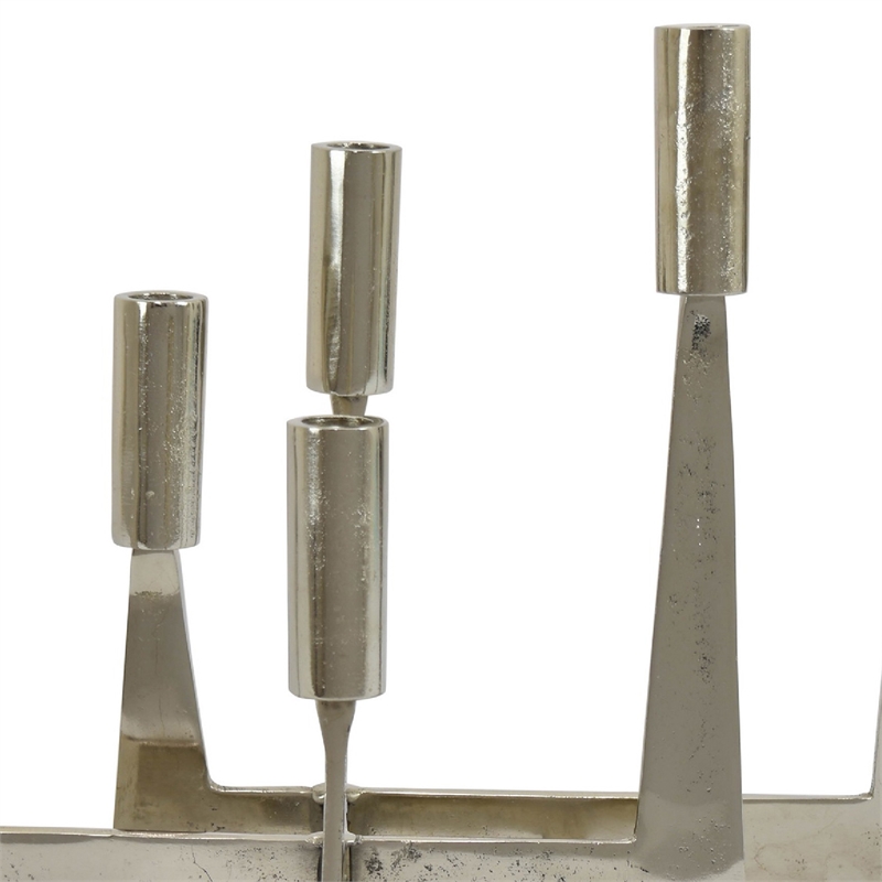 5 Arm Candle Holder- Asymmetrical Geometric Style- Silver Metal 16 Inch