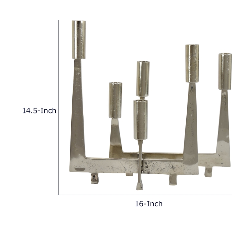 5 Arm Candle Holder- Asymmetrical Geometric Style- Silver Metal 16 Inch