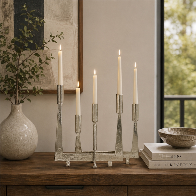 5 Arm Candle Holder- Asymmetrical Geometric Style- Silver Metal 16 Inch