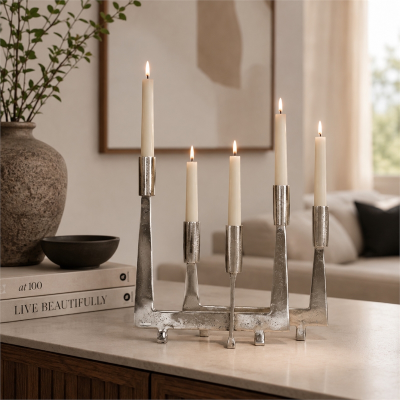 5 Arm Candle Holder- Asymmetrical Geometric Style- Silver Metal 16 Inch