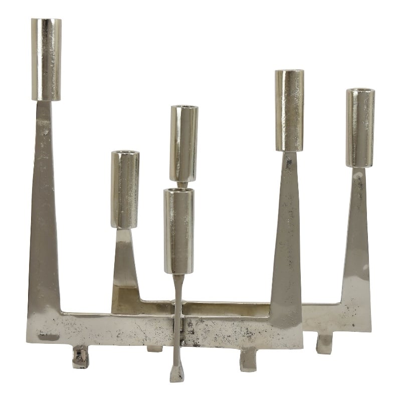 5 Arm Candle Holder- Asymmetrical Geometric Style- Silver Metal 16 Inch