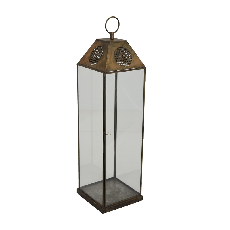 Greg Glass Lantern with Vented Top- Ring Handle- Bronze Metal 28 Inch