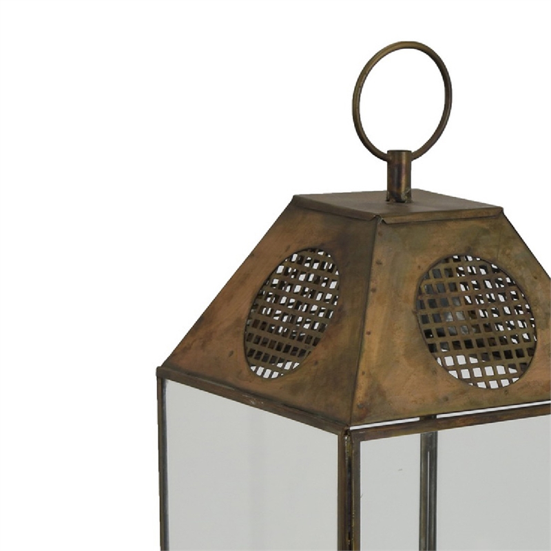 Greg Glass Lantern with Vented Top- Ring Handle- Bronze Metal 28 Inch