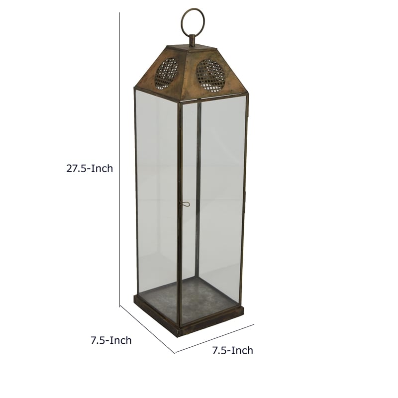 Greg Glass Lantern with Vented Top- Ring Handle- Bronze Metal 28 Inch