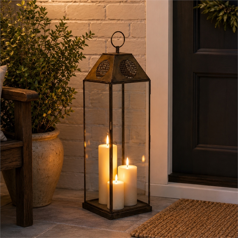 Greg Glass Lantern with Vented Top- Ring Handle- Bronze Metal 28 Inch