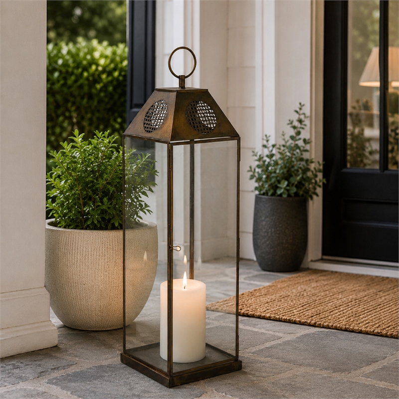 Greg Glass Lantern with Vented Top- Ring Handle- Bronze Metal 28 Inch