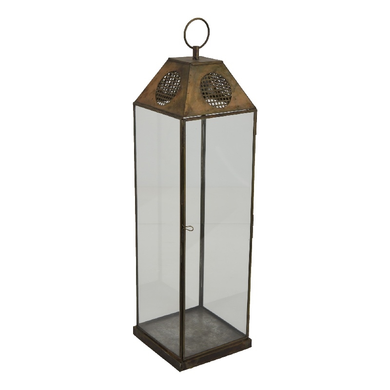 Greg Glass Lantern with Vented Top- Ring Handle- Bronze Metal 28 Inch