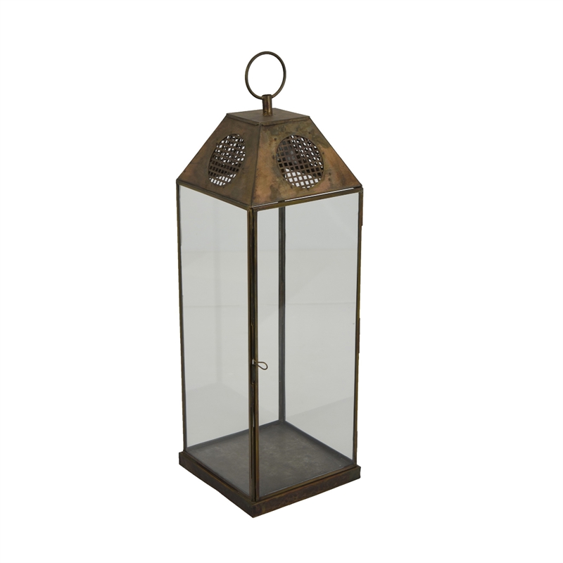 Greg Glass Lantern with Vented Top- Ring Handle- Bronze Metal 24 Inch