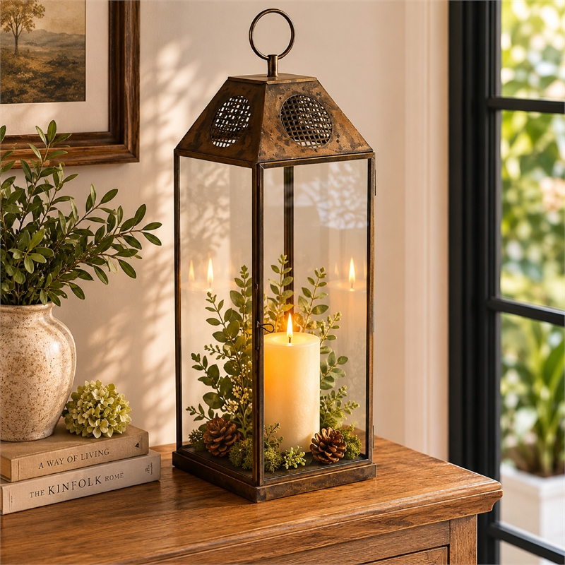 Greg Glass Lantern with Vented Top- Ring Handle- Bronze Metal 24 Inch