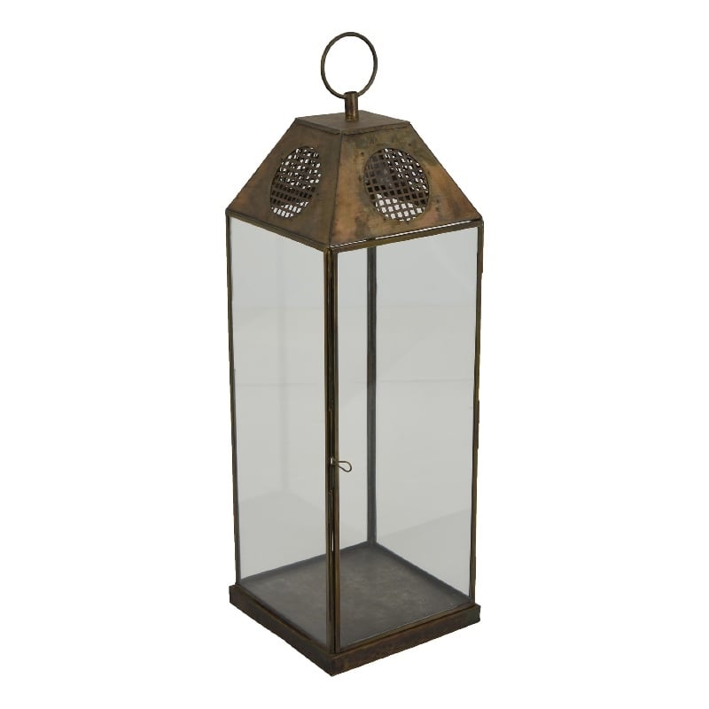 Greg Glass Lantern with Vented Top- Ring Handle- Bronze Metal 24 Inch