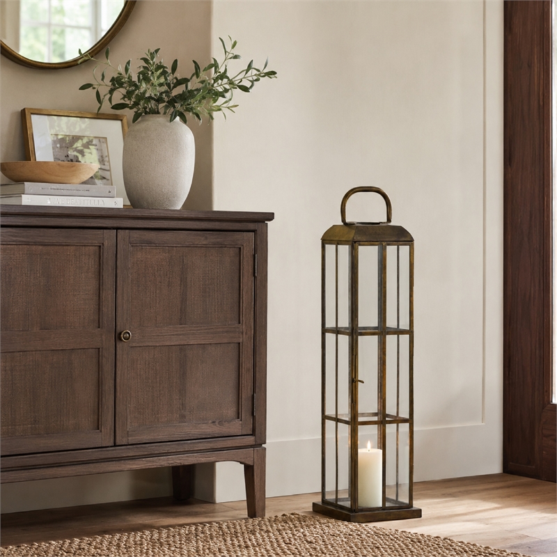 Esha 20 Inch Tall Lantern with Handle- Clear Glass Panels- Bronze Metal