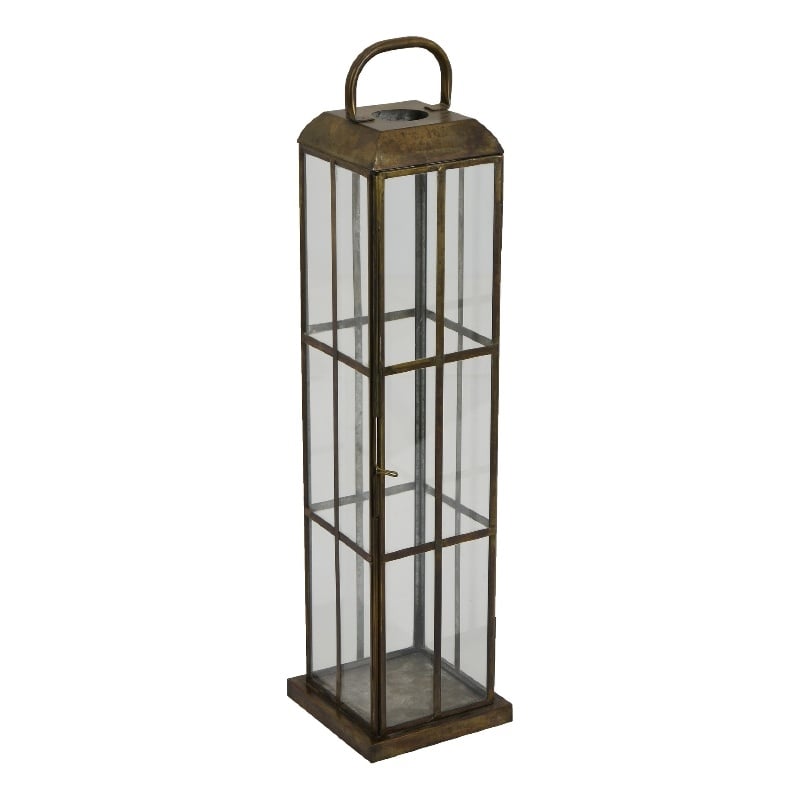 Esha 20 Inch Tall Lantern with Handle- Clear Glass Panels- Bronze Metal