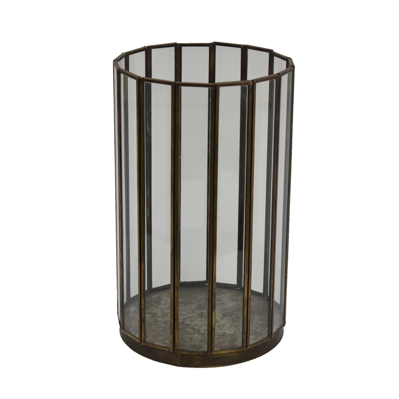Glass Hurricane Candle Holder with Paneled Frame- Bronze Metal 10 Inch