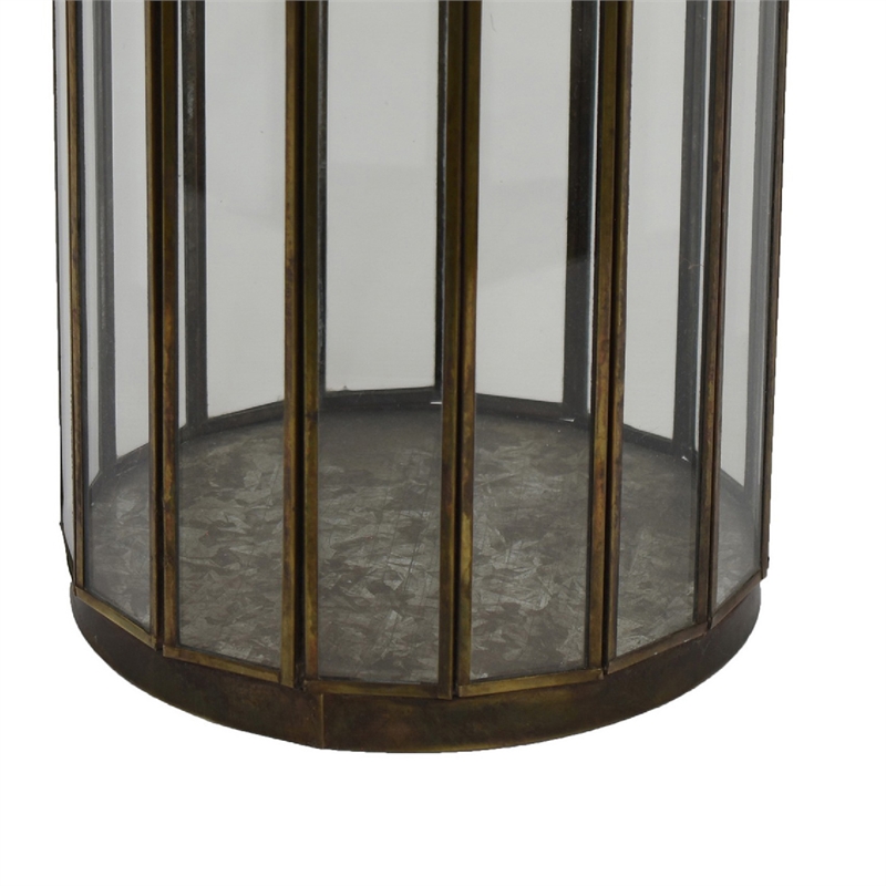 Glass Hurricane Candle Holder with Paneled Frame- Bronze Metal 10 Inch
