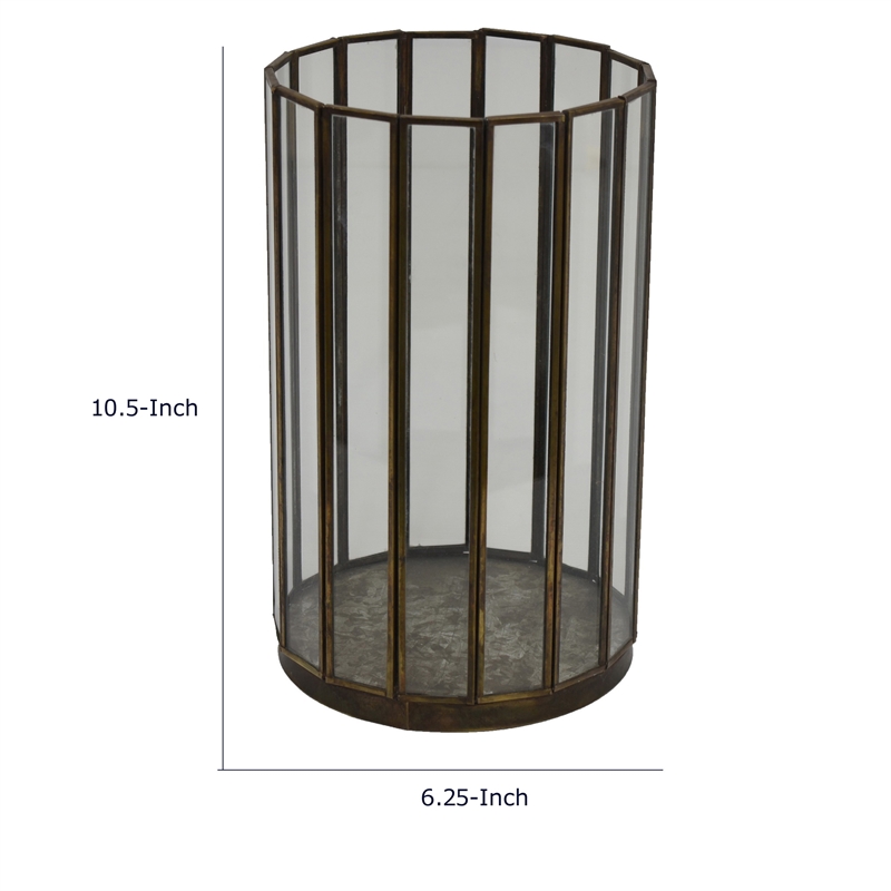 Glass Hurricane Candle Holder with Paneled Frame- Bronze Metal 10 Inch