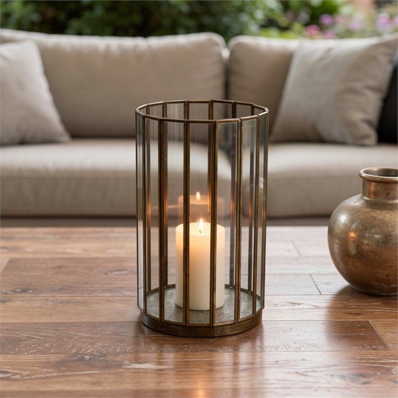 Glass Hurricane Candle Holder with Paneled Frame- Bronze Metal 10 Inch