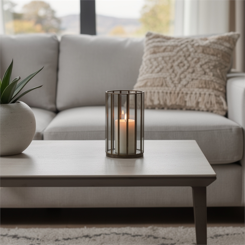 Glass Hurricane Candle Holder with Paneled Frame- Bronze Metal 10 Inch