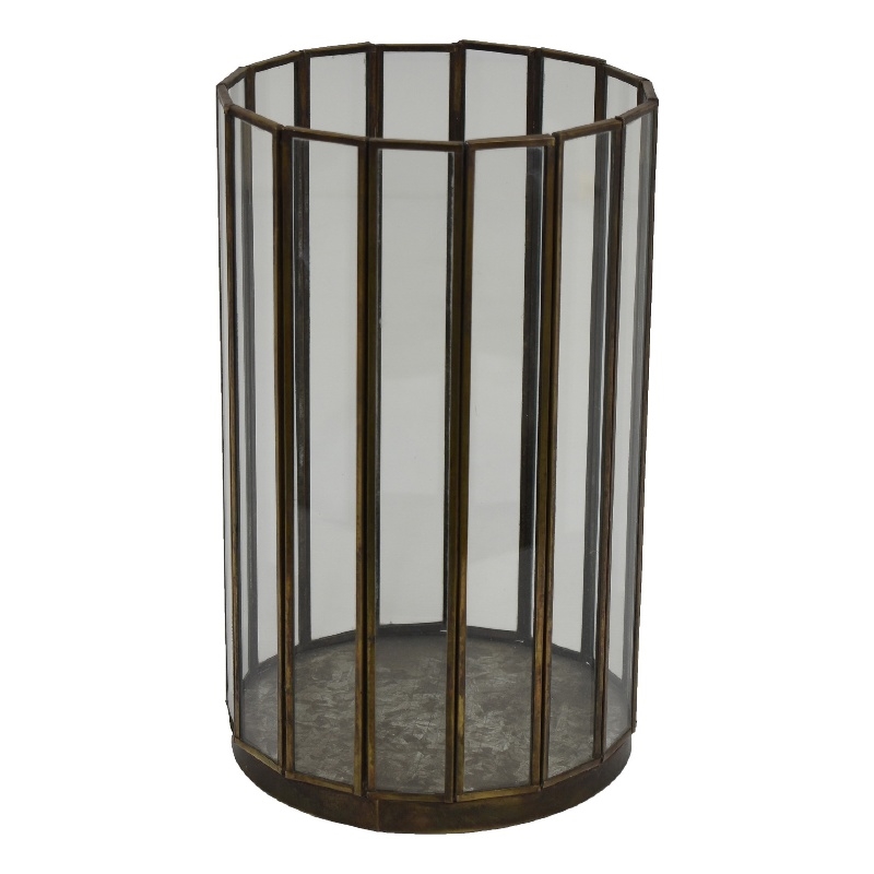 Glass Hurricane Candle Holder with Paneled Frame- Bronze Metal 10 Inch