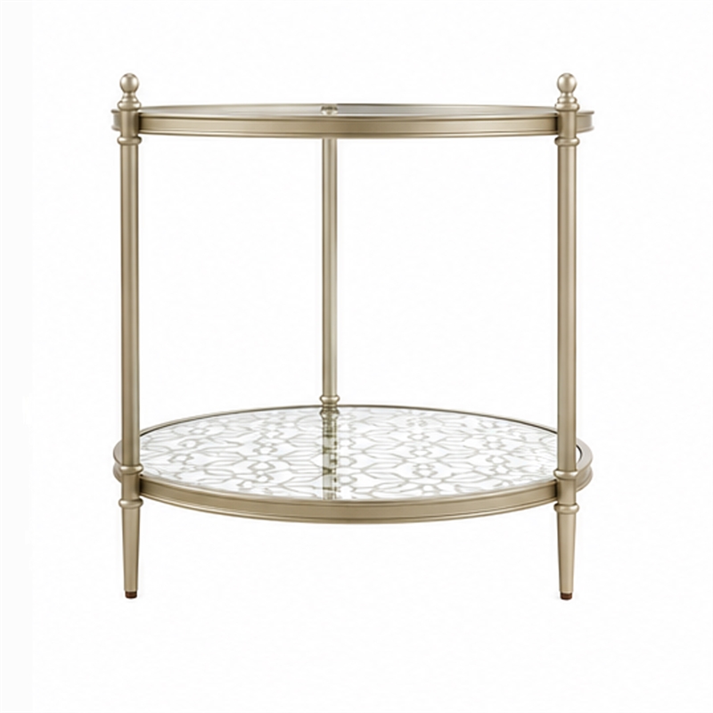 Zora Side End Table- 2 Round Glass Shelves- Champagne Metal 24 Inch