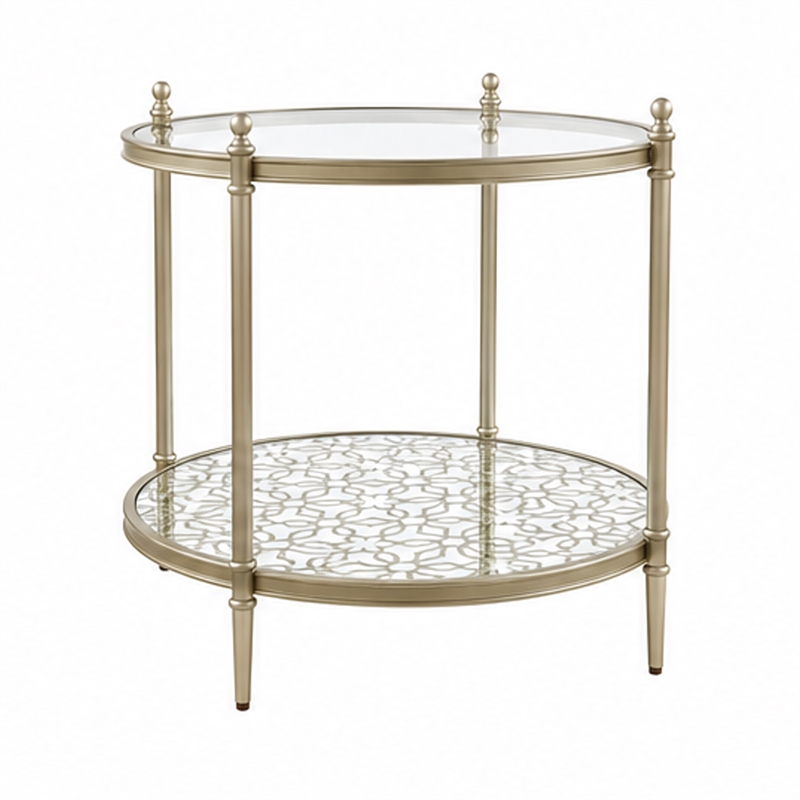 Zora Side End Table- 2 Round Glass Shelves- Champagne Metal 24 Inch