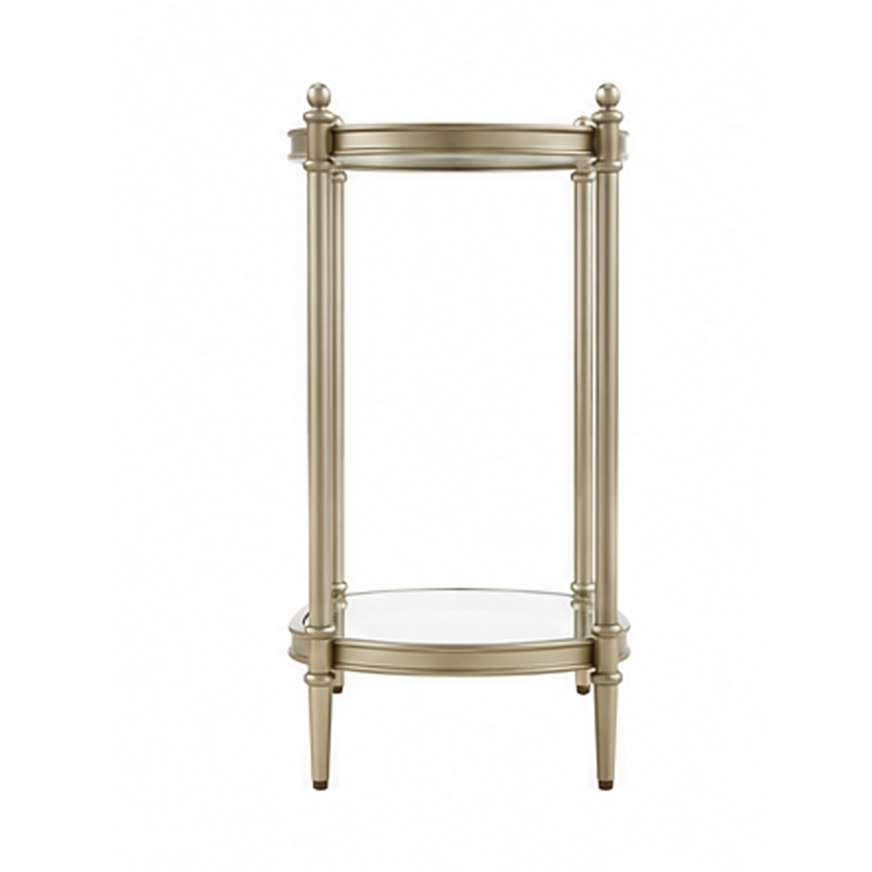 Zora Side End Table- 2 Round Glass Shelves- Champagne Metal 24 Inch