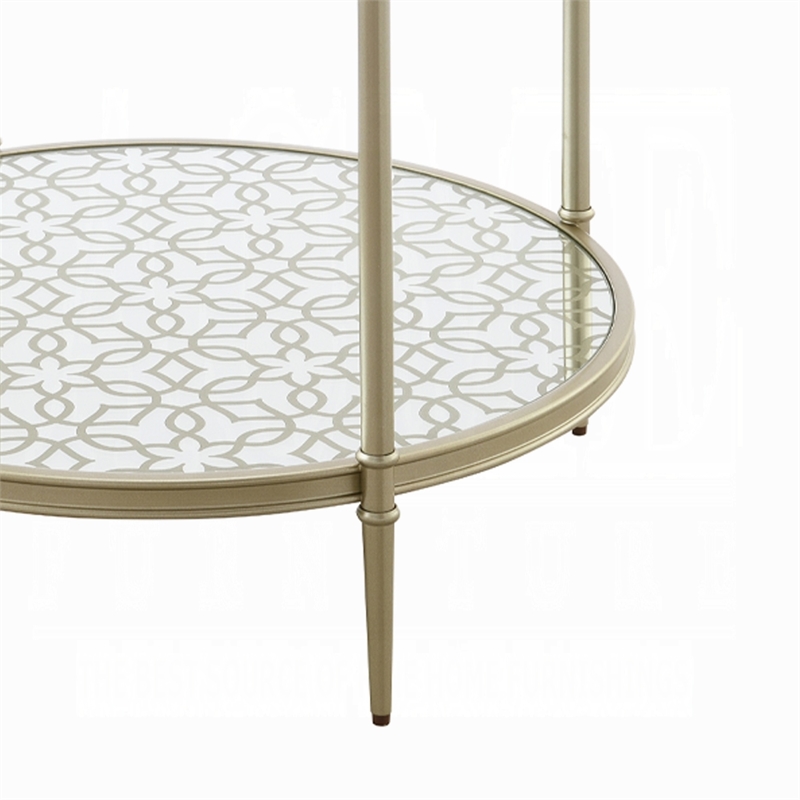 Zora Side End Table- 2 Round Glass Shelves- Champagne Metal 24 Inch