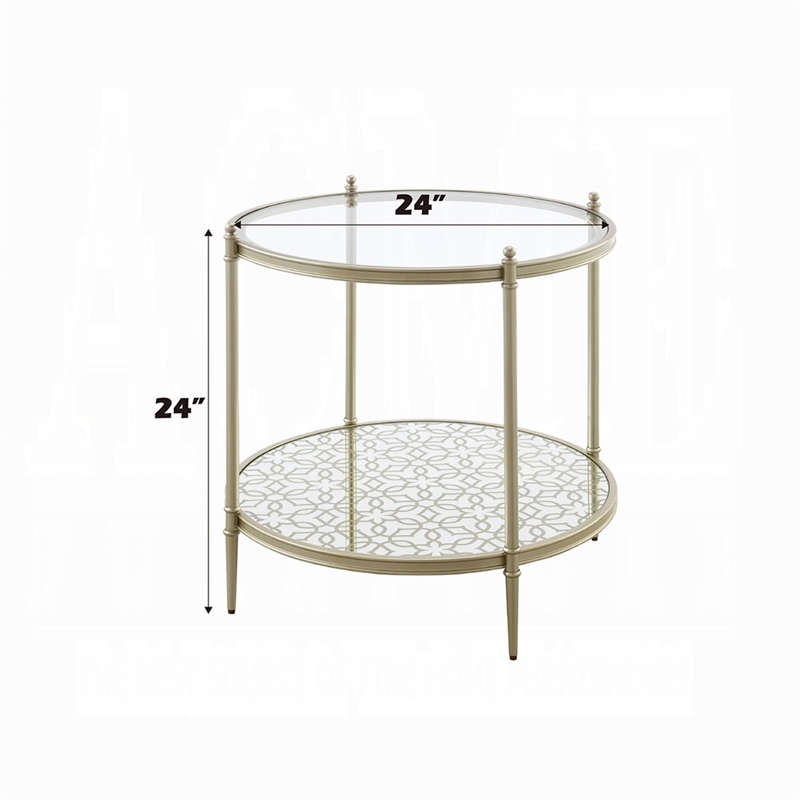 Zora Side End Table- 2 Round Glass Shelves- Champagne Metal 24 Inch