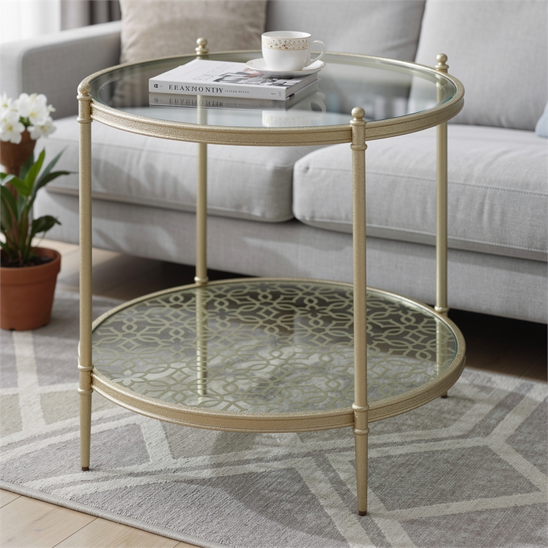 Zora Side End Table- 2 Round Glass Shelves- Champagne Metal 24 Inch
