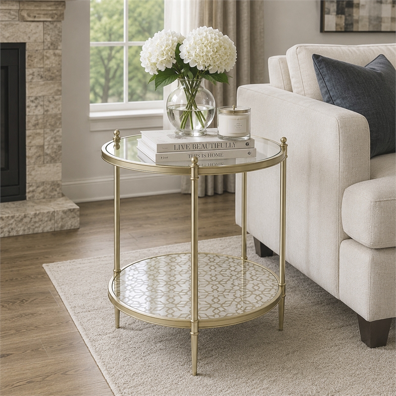 Zora Side End Table- 2 Round Glass Shelves- Champagne Metal 24 Inch