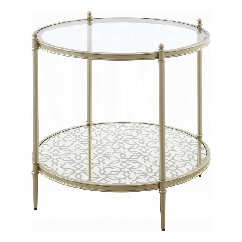 Zora Side End Table- 2 Round Glass Shelves- Champagne Metal 24 Inch