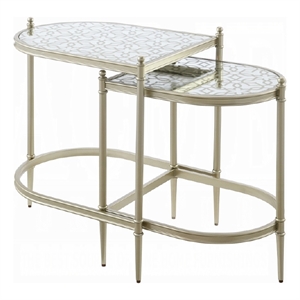 Zora Nesting Table Set of 2- Semi Oval Glass Tops- Champagne Metal