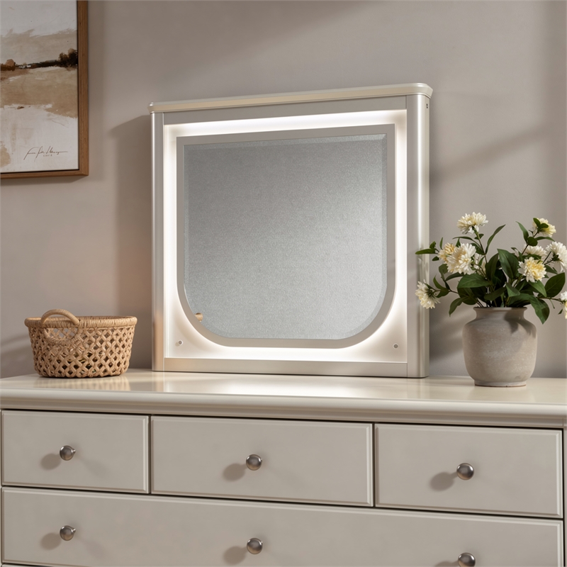 Veda Dresser Mirror w LED- Rectangular Landscape Frame Pearl White 36x45