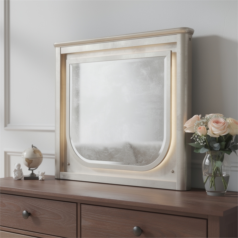 Veda Dresser Mirror w LED- Rectangular Landscape Frame Pearl White 36x45