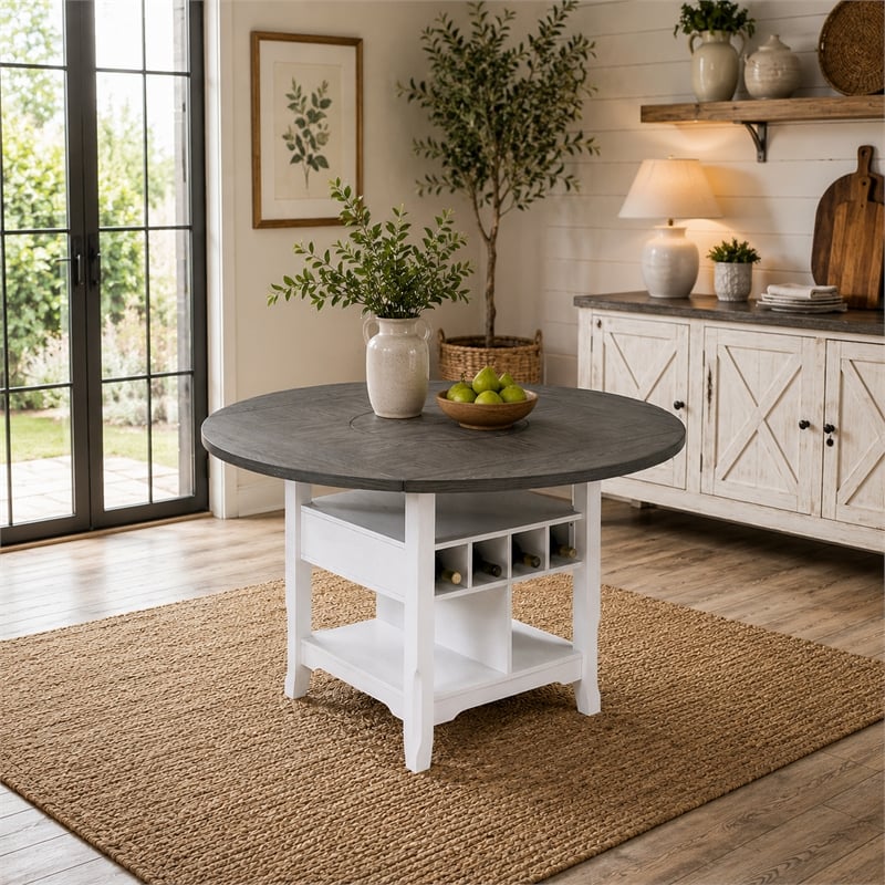 Vora Counter Height Storage Table- 4 Leaves- Antique White- Gray 42-60 Inch