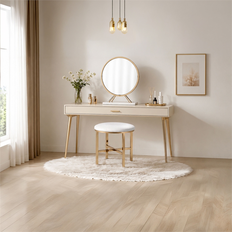 Dika 2pc Vanity Mirror and Stool Set- Faux Leather Seat- White and Gold