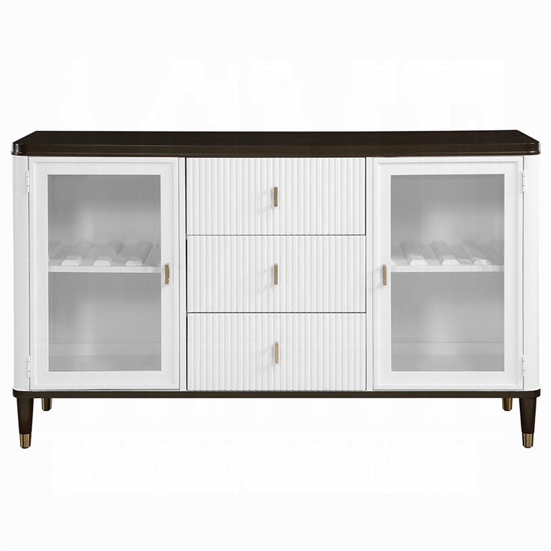 Aren Sideboard Cabinet- 3 Drawers- 2 Glass Doors- White- Brown 62 Inch