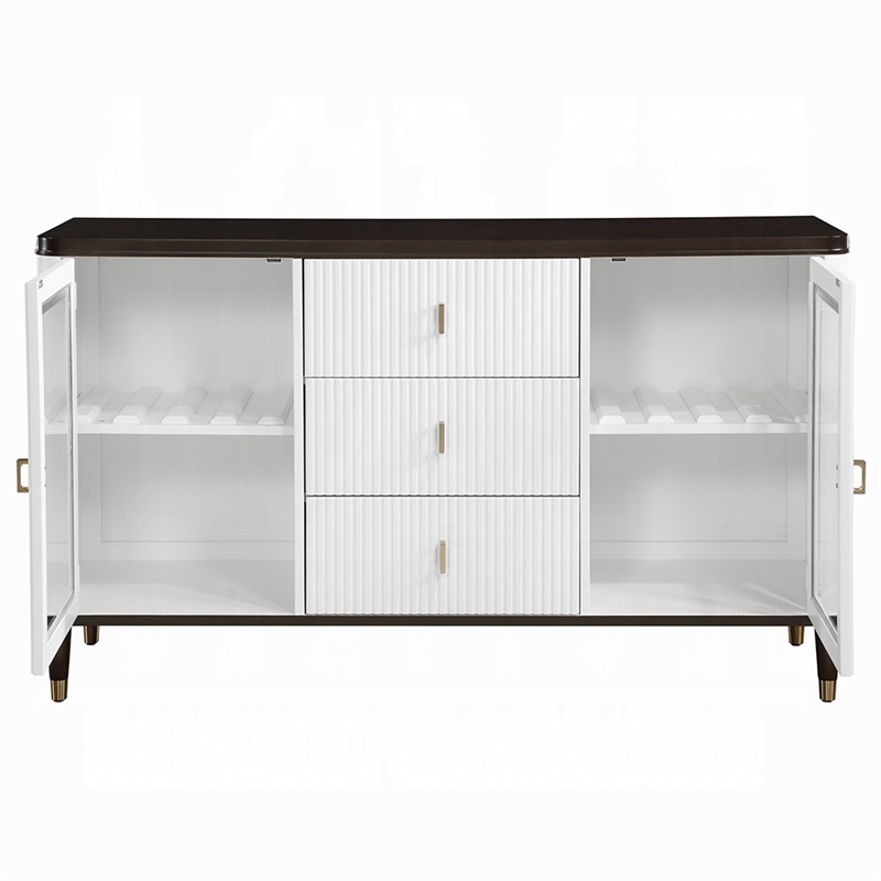Aren Sideboard Cabinet- 3 Drawers- 2 Glass Doors- White- Brown 62 Inch