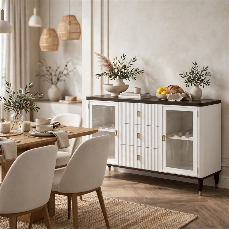 Aren Sideboard Cabinet- 3 Drawers- 2 Glass Doors- White- Brown 62 Inch