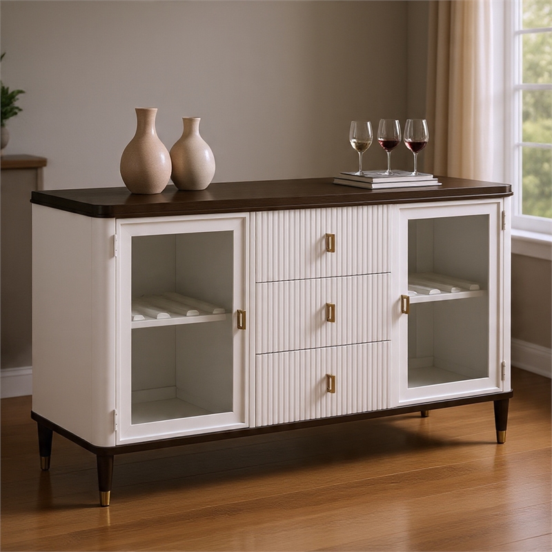 Aren Sideboard Cabinet- 3 Drawers- 2 Glass Doors- White- Brown 62 Inch