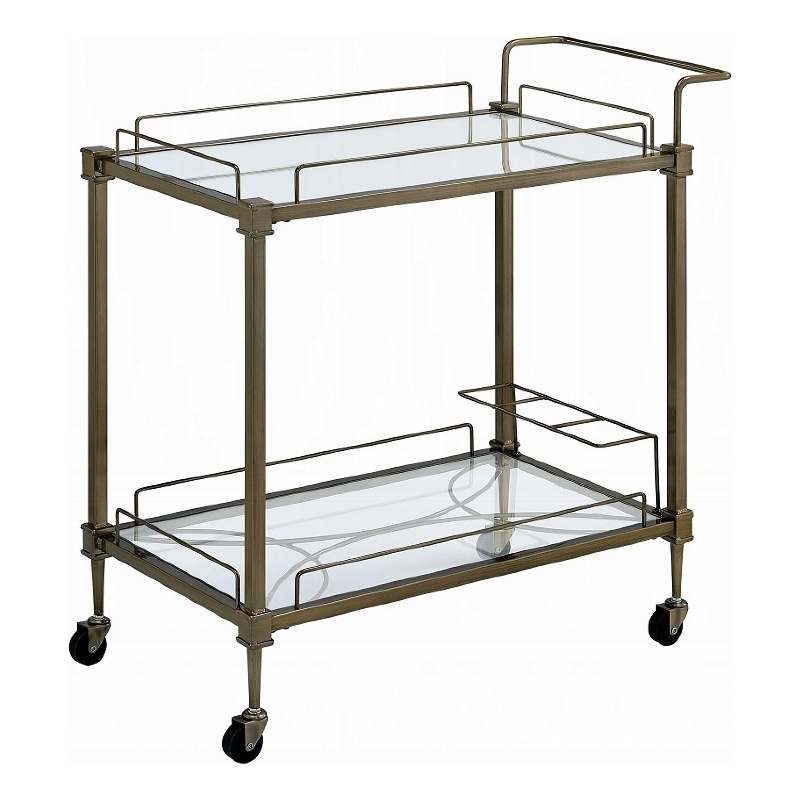 Dity Serving Cart- 2 Mirror Glass Shelves- Antique Brass Metal 33 Inch